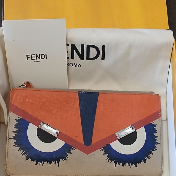 Vintage Fendi Vitello Elite Crystal Eye Monster Slim Pouch Multicolored With Box - Picture 3 of 10